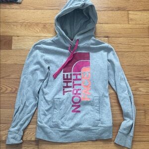 The North Face Light Gray Hoodie with Pink Accents